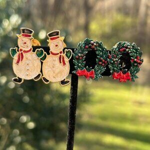 HOLIDAY🎄🎄DANECRAFT Snowman/ RODOX Wreath Enamel EARRINGS SET